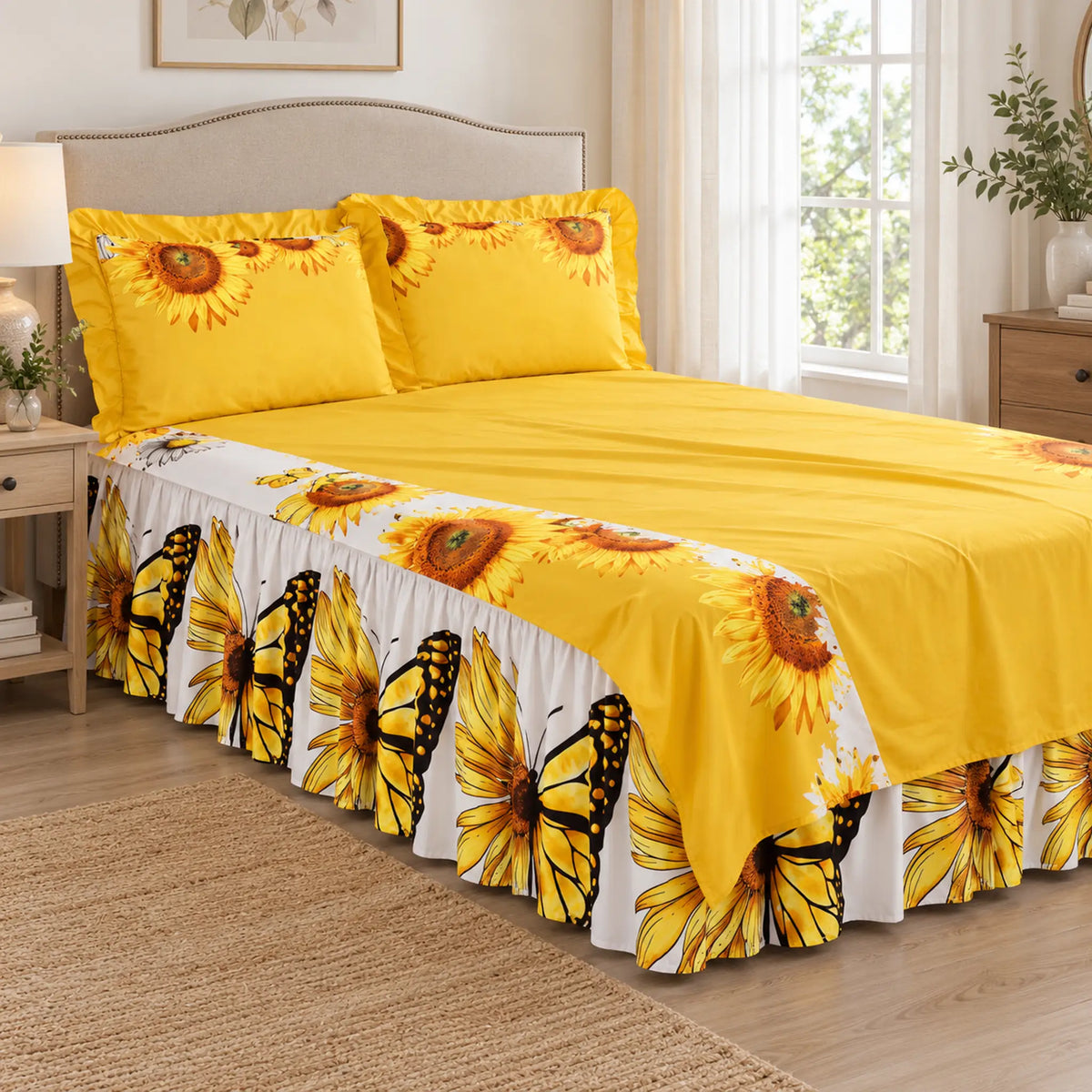 Juego de sábanas con vuelo 4 piezas, diseño Girasoles y Mariposas Amarillas – fundas con olán