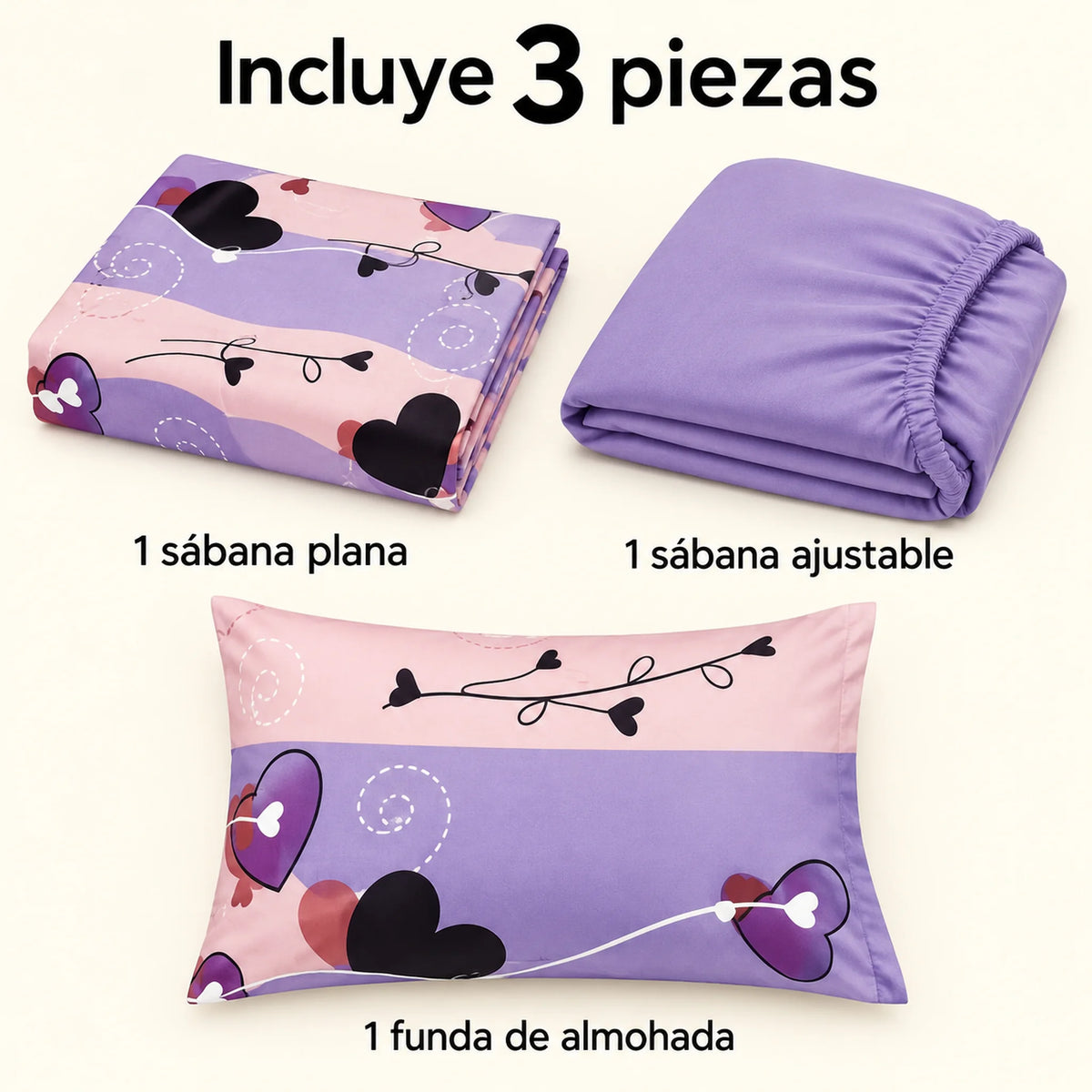 Juego de sábanas semimatrimonial 1.20 m, diseño Corazones Lila y Rosa – piezas incluidas: sábana plana, sábana ajustable y 1 funda