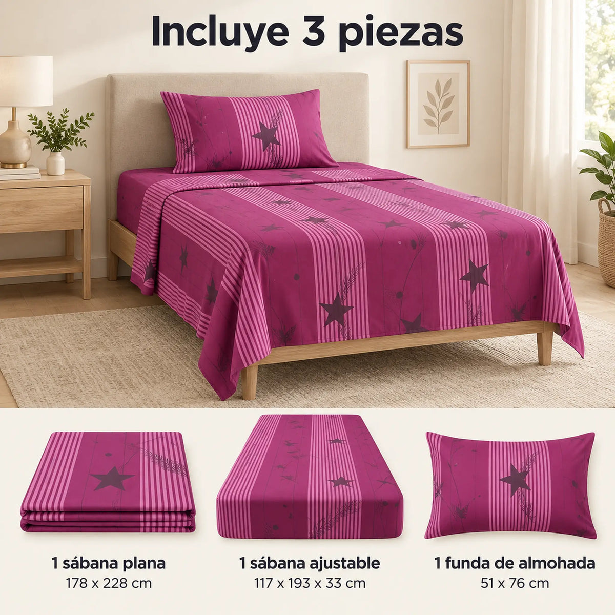 Juego de sábanas semimatrimonial 1.20 m, diseño Estrellas Magenta – piezas incluidas: sábana plana, sábana ajustable y 1 funda