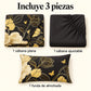 Juego de sábanas semimatrimonial 1.20 m, diseño Flores Doradas Fondo Negro – piezas incluidas: sábana plana, sábana ajustable y 1 funda