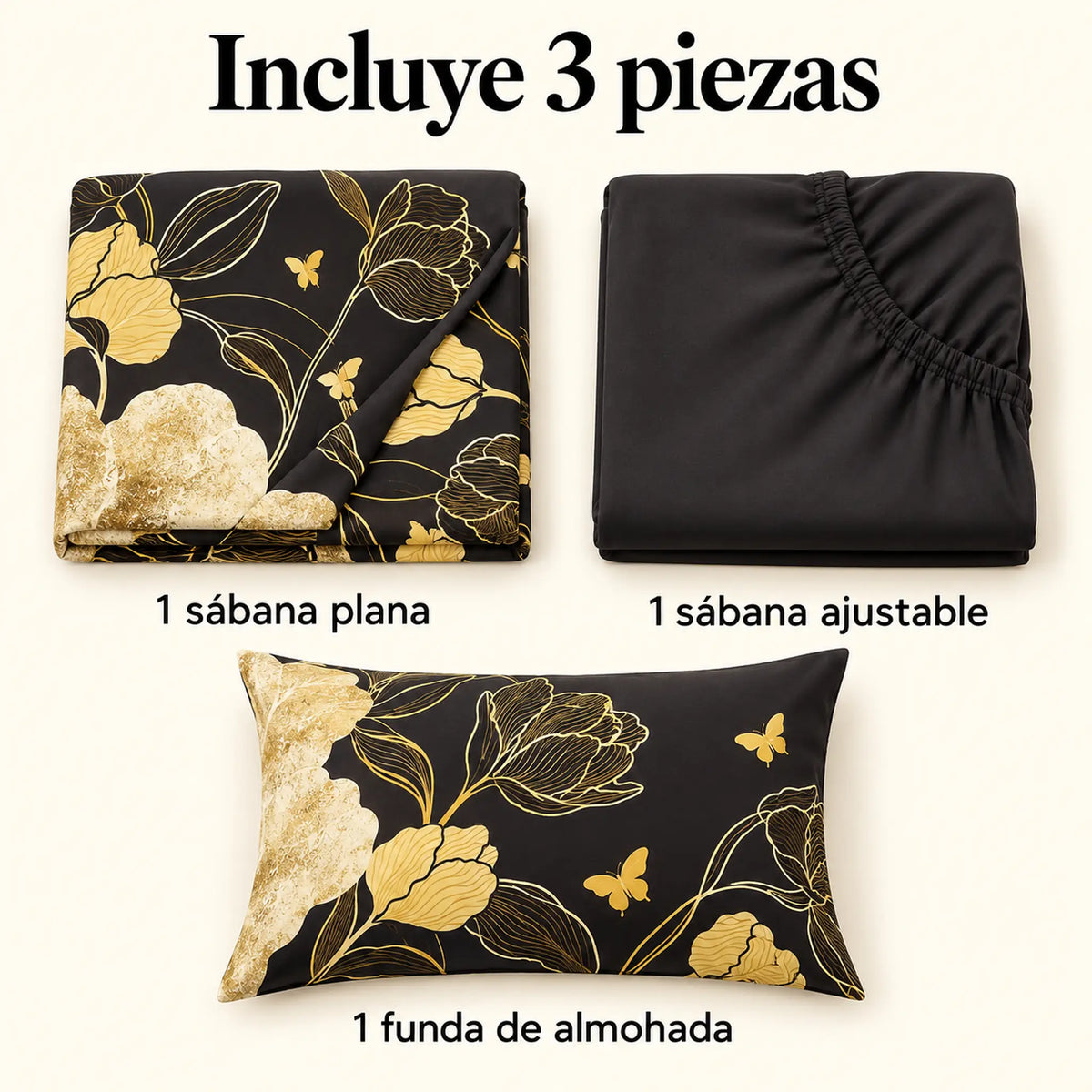 Juego de sábanas semimatrimonial 1.20 m, diseño Flores Doradas Fondo Negro – piezas incluidas: sábana plana, sábana ajustable y 1 funda