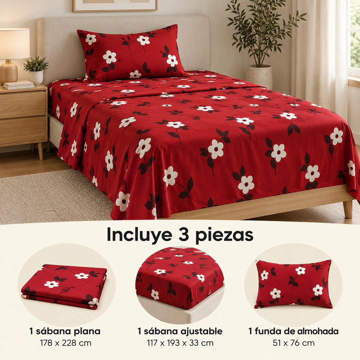 Juego de sábanas semimatrimonial 1.20 m, diseño Flores Blancas Fondo Rojo – piezas incluidas: sábana plana, sábana ajustable y 1 funda