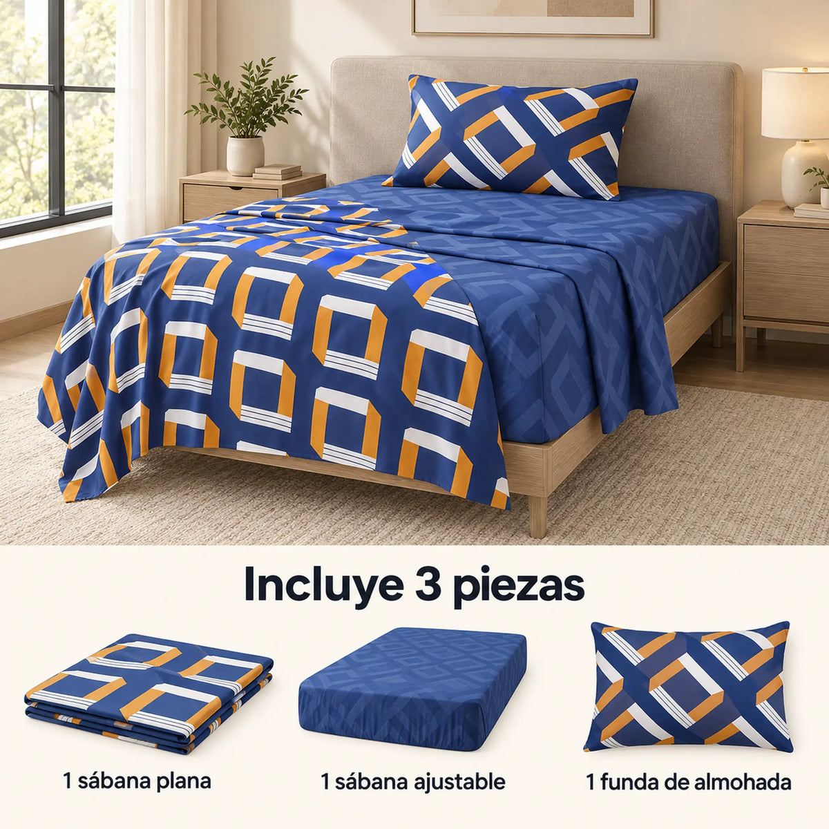 Juego de sábanas semimatrimonial 1.20 m, diseño Geométrico Azul y Mostaza – piezas incluidas: sábana plana, sábana ajustable y 1 funda