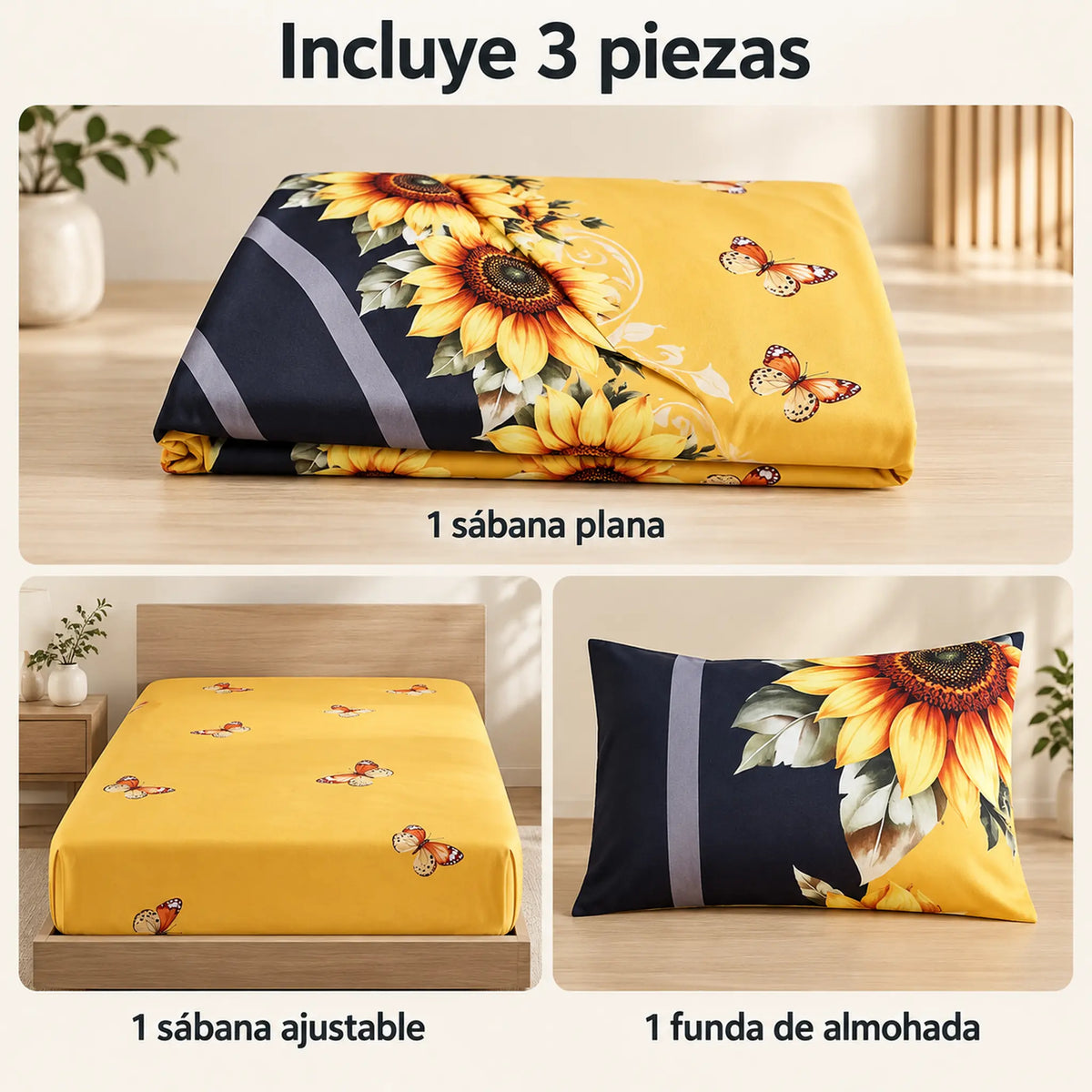 Juego de sábanas semimatrimonial 1.20 m, diseño Girasoles y Mariposas Amarillas – piezas incluidas: sábana plana, sábana ajustable y 1 funda
