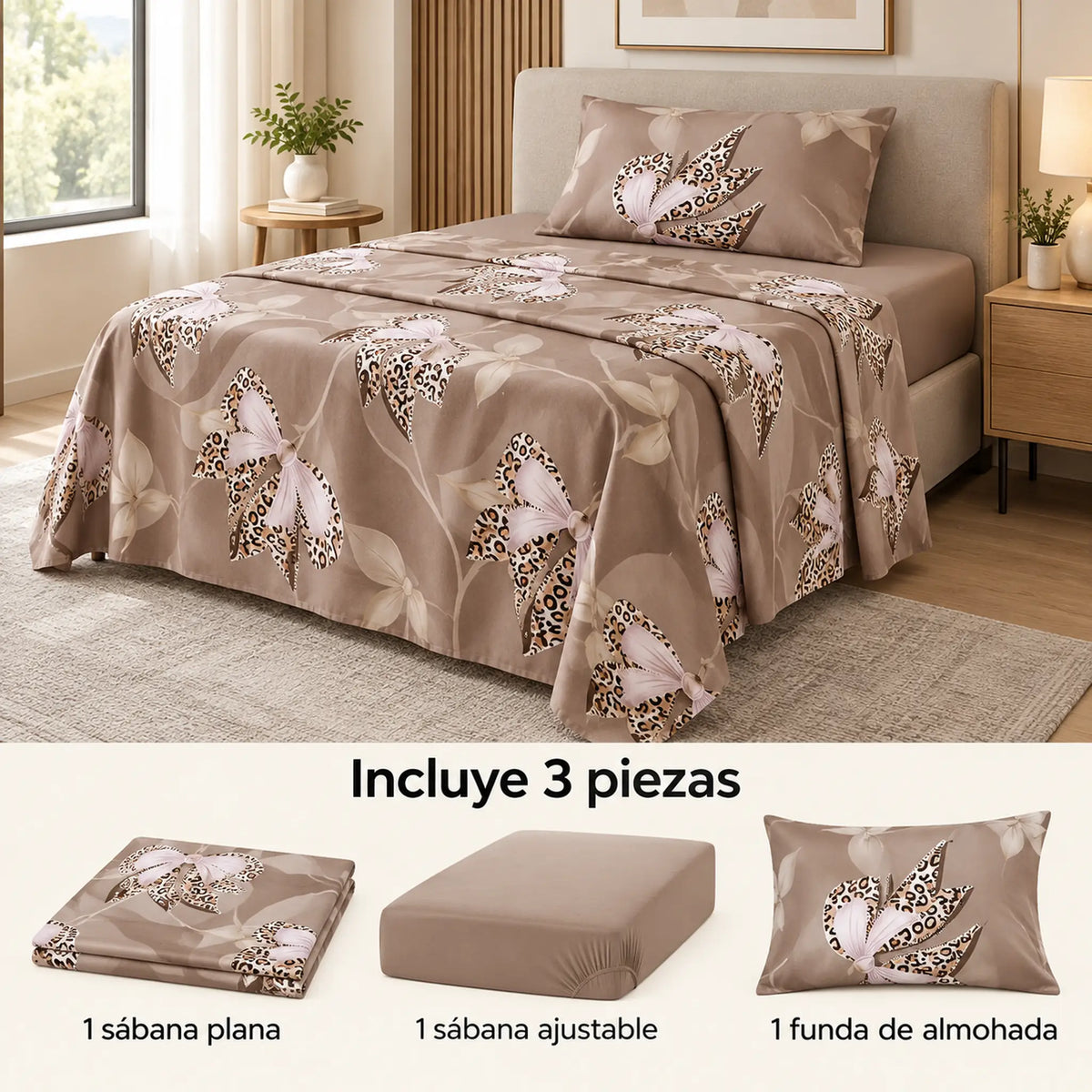 Juego de sábanas semimatrimonial 1.20 m, diseño Lazos Beige Leopardo – piezas incluidas: sábana plana, sábana ajustable y 1 funda