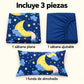 Juego de sábanas semimatrimonial 1.20 m, diseño Lunas y Estrellas Azul Marino – piezas incluidas: sábana plana, sábana ajustable y 1 funda