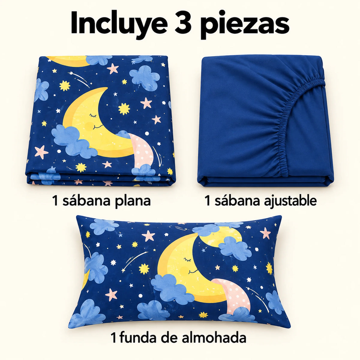 Juego de sábanas semimatrimonial 1.20 m, diseño Lunas y Estrellas Azul Marino – piezas incluidas: sábana plana, sábana ajustable y 1 funda