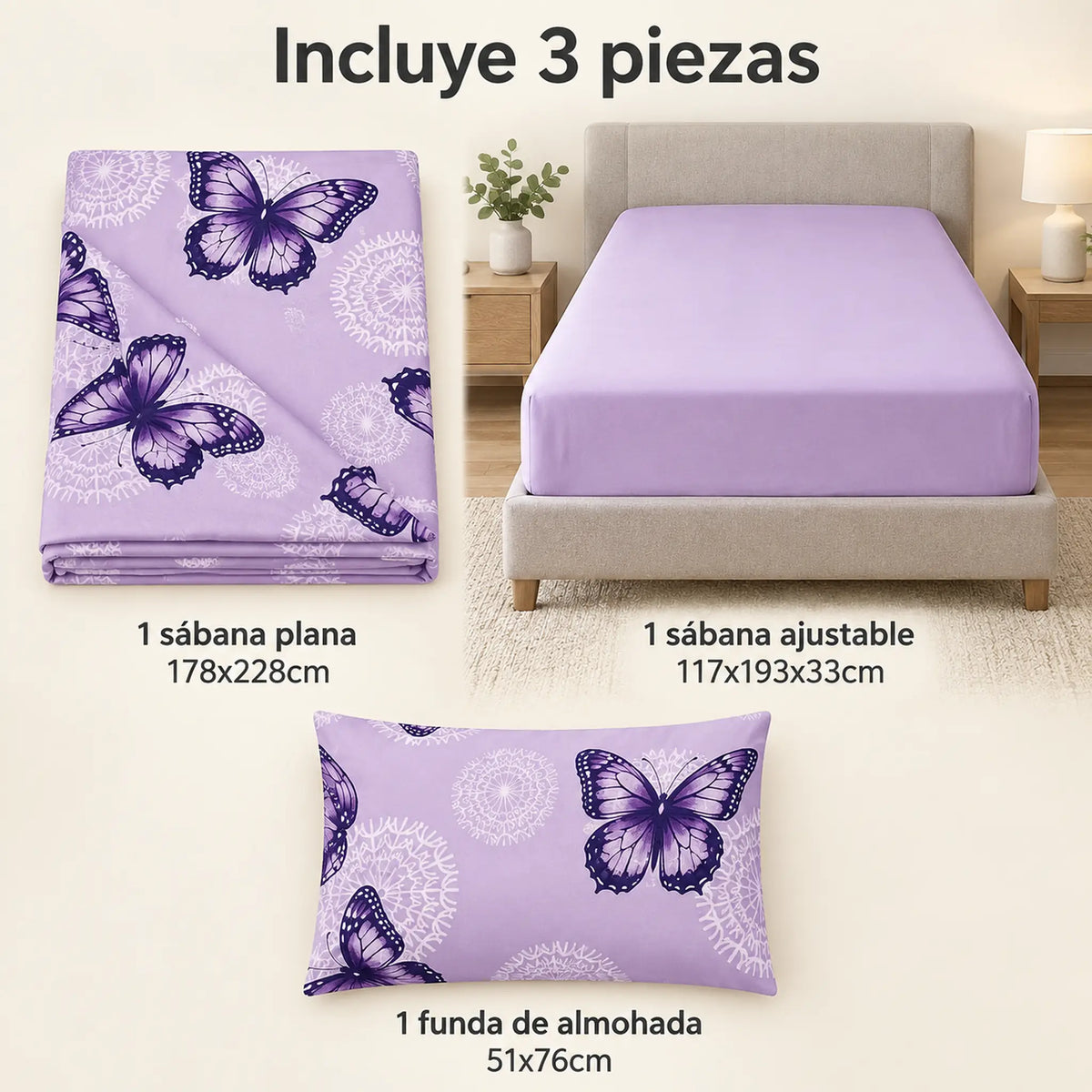 Juego de sábanas semimatrimonial 1.20 m, diseño Mariposas Lila – piezas incluidas: sábana plana, sábana ajustable y 1 funda