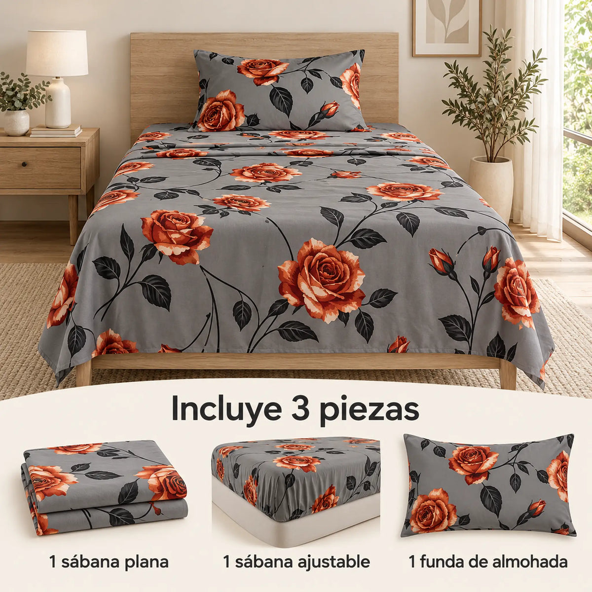 Juego de sábanas semimatrimonial 1.20 m, diseño Rosas Naranjas Fondo Gris – piezas incluidas: sábana plana, sábana ajustable y 1 funda