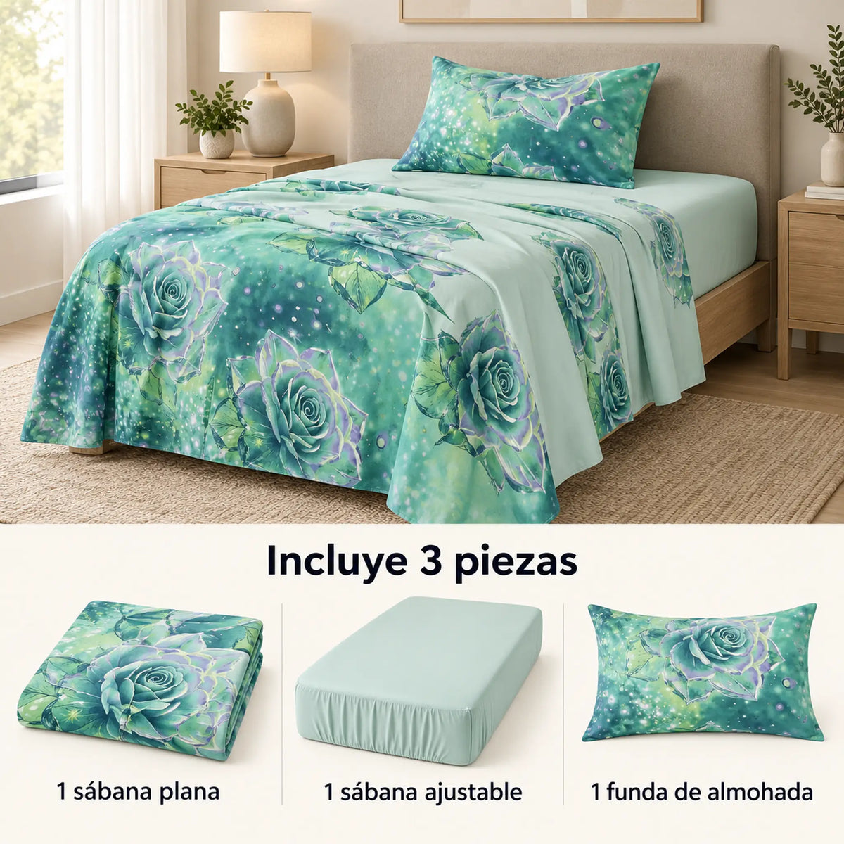 Juego de sábanas semimatrimonial 1.20 m, diseño Rosas Verde Agua – piezas incluidas: sábana plana, sábana ajustable y 1 funda