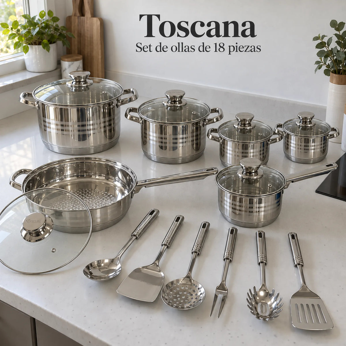 Batería de cocina Toscana Epicure en uso, ambientada en una cocina