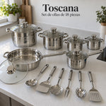 Batería de cocina Toscana Epicure en uso, ambientada en una cocina