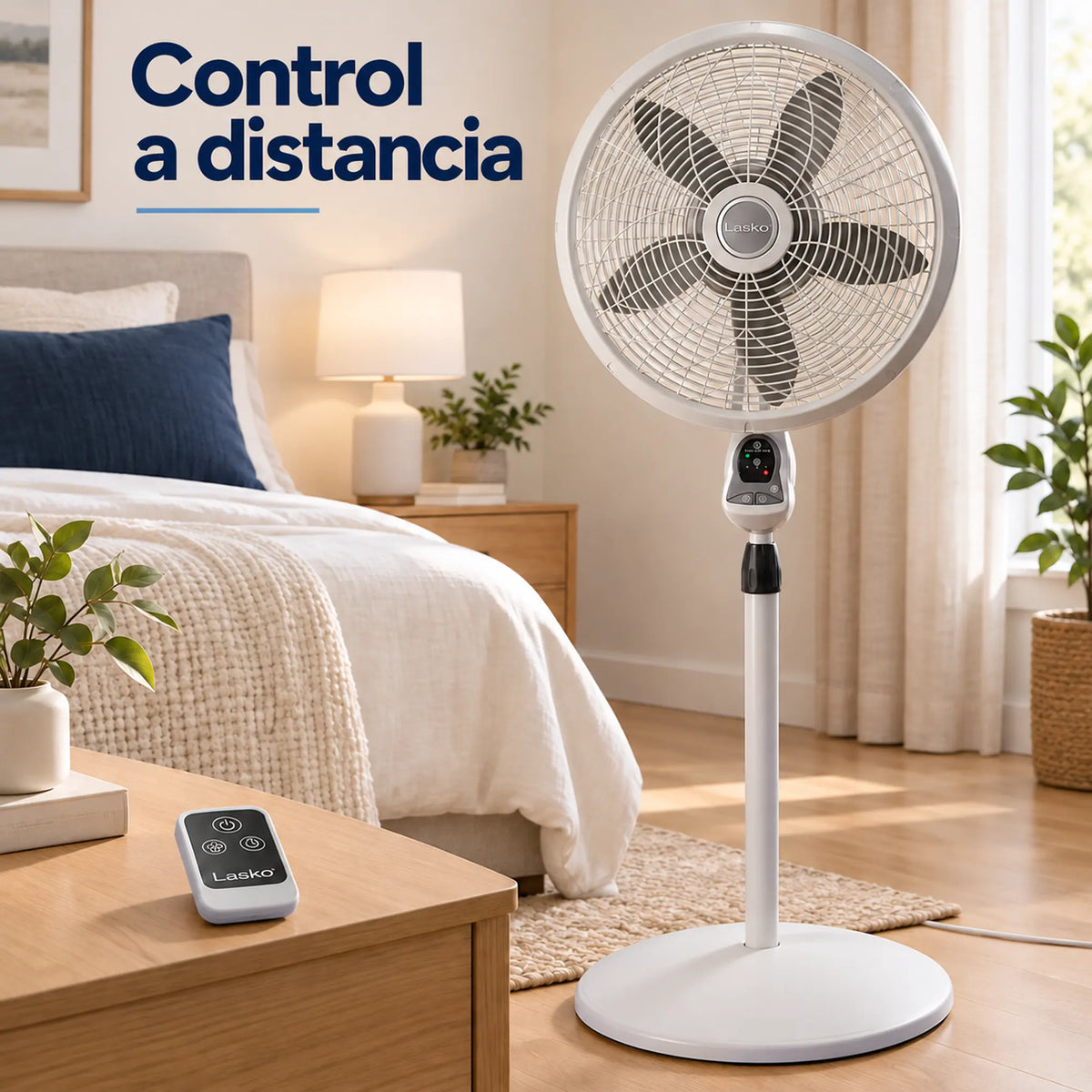 Ventilador de pedestal Lasko 18 pulgadas con control remoto – en un dormitorio, usado con control remoto