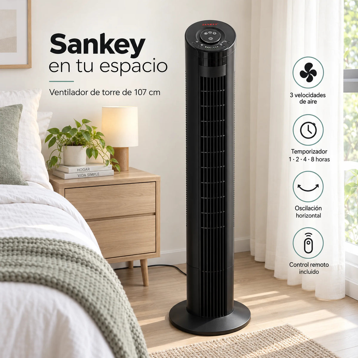 Ventilador de torre Sankey en un dormitorio