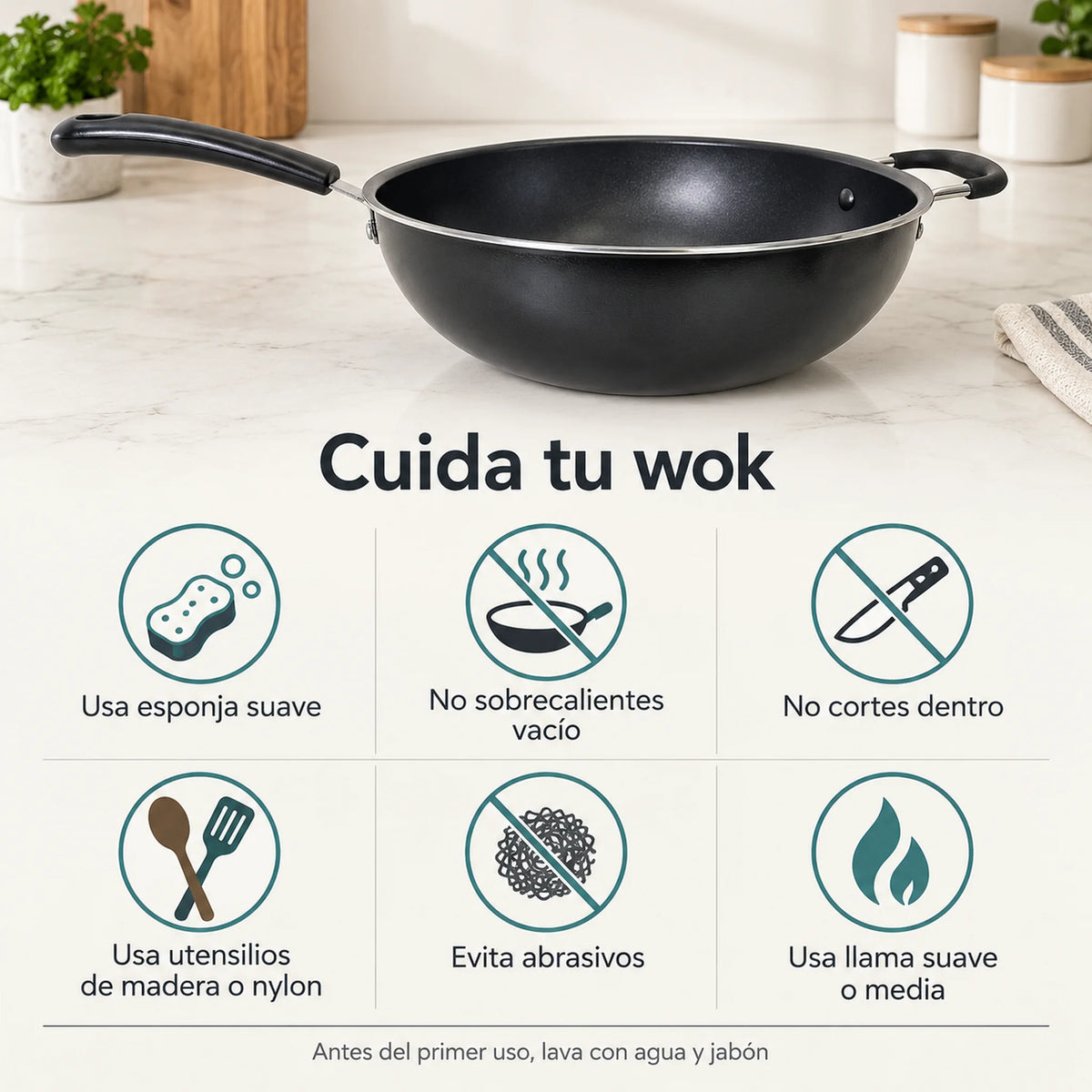 Cuidados del wok Alsasa: esponja suave y utensilios de madera o nylon