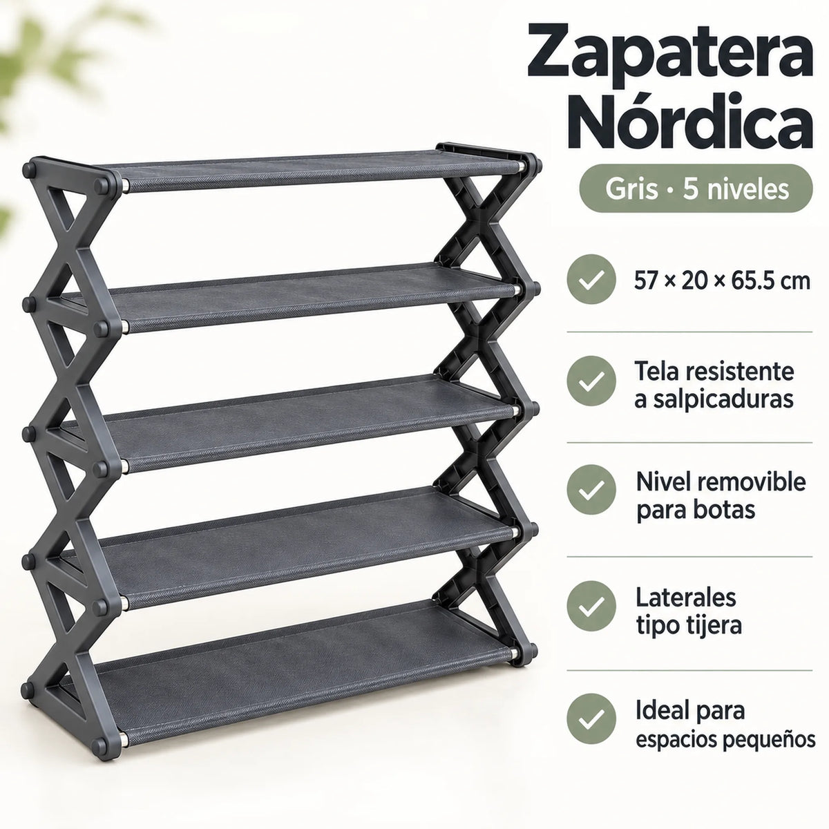 Zapatera de 5 niveles color gris – resumen de beneficios