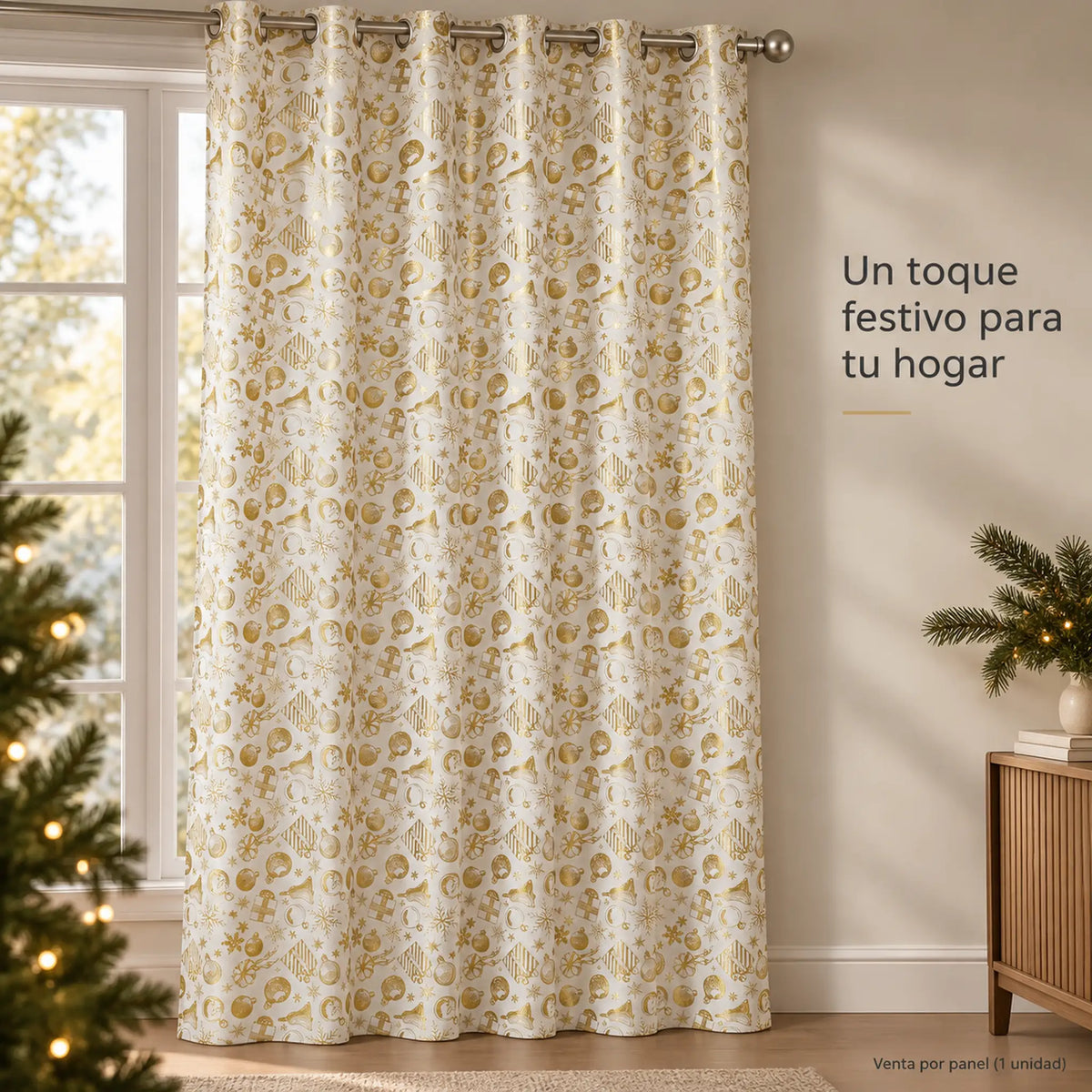 Cortina navideña Pasión Guajira Elfo crema con regalos y copos dorados – caída decorativa de la tela
