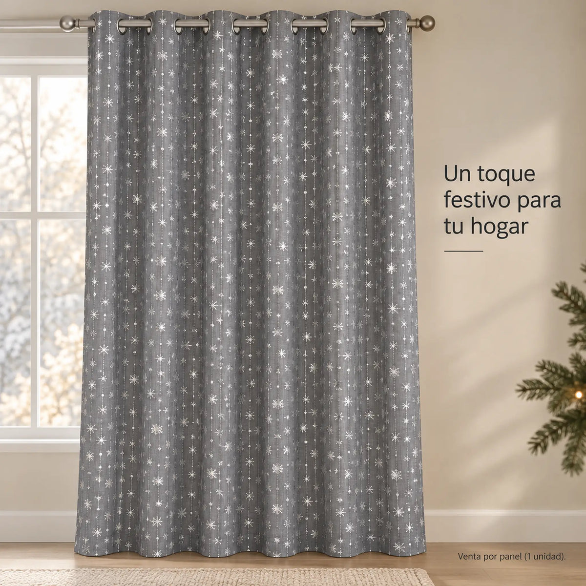 Cortina navideña Pasión Guajira Elfo gris con copos de nieve plateados – caída decorativa de la tela
