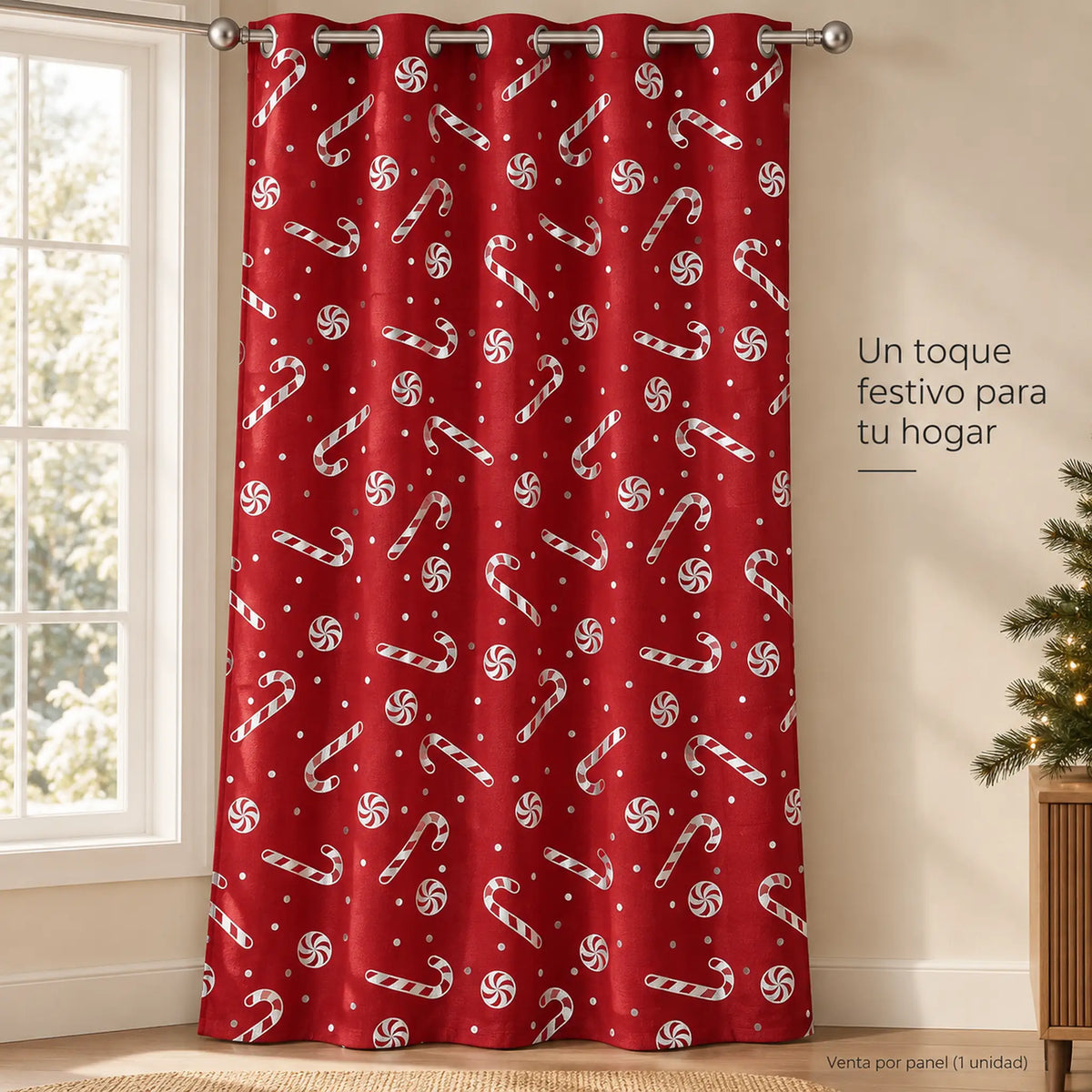 Cortina navideña Pasión Guajira Elfo roja con caramelos navideños plateados – caída decorativa de la tela