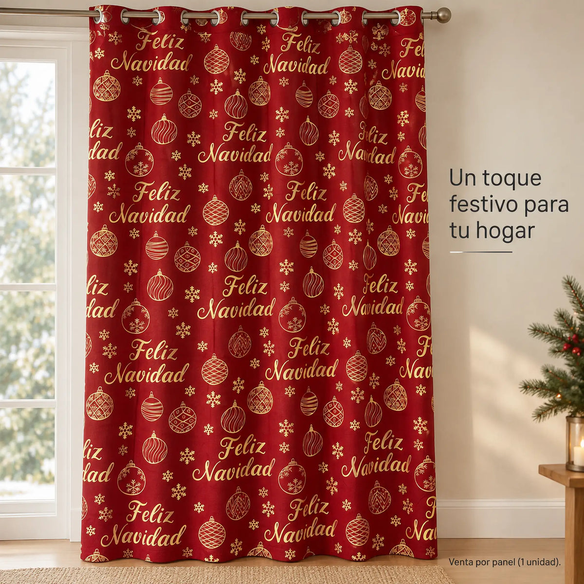 Cortina navideña Pasión Guajira Elfo roja con letras Feliz Navidad doradas – caída decorativa de la tela