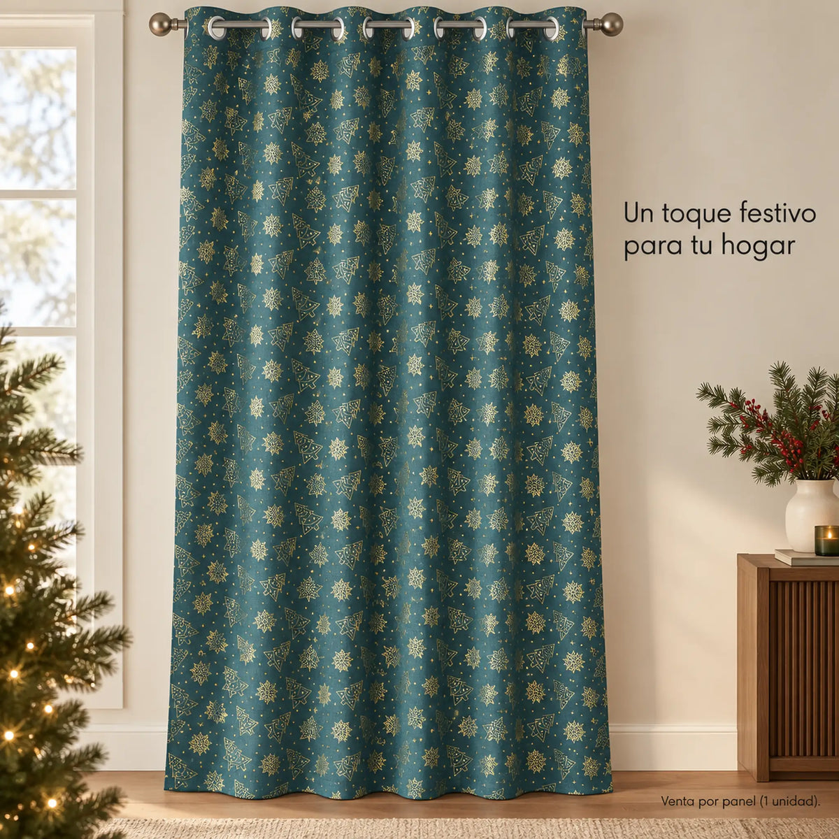 Cortina navideña Pasión Guajira Elfo verde con árboles navideños dorados – caída decorativa de la tela