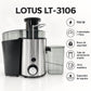 Características del extractor Lotus LT-3106: 700 W, 2 velocidades + pulso, brazo de seguridad y jarra medidora