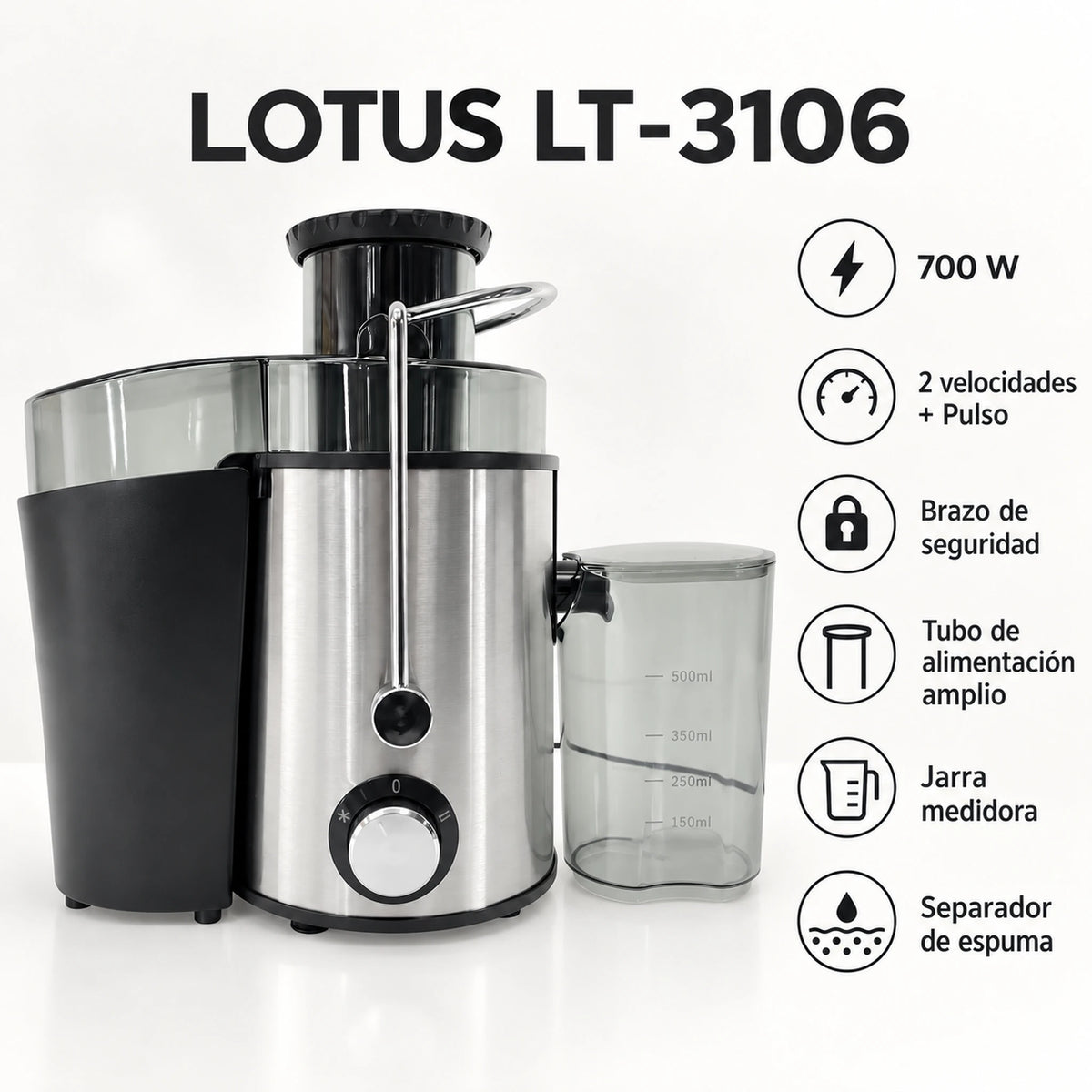 Características del extractor Lotus LT-3106: 700 W, 2 velocidades + pulso, brazo de seguridad y jarra medidora