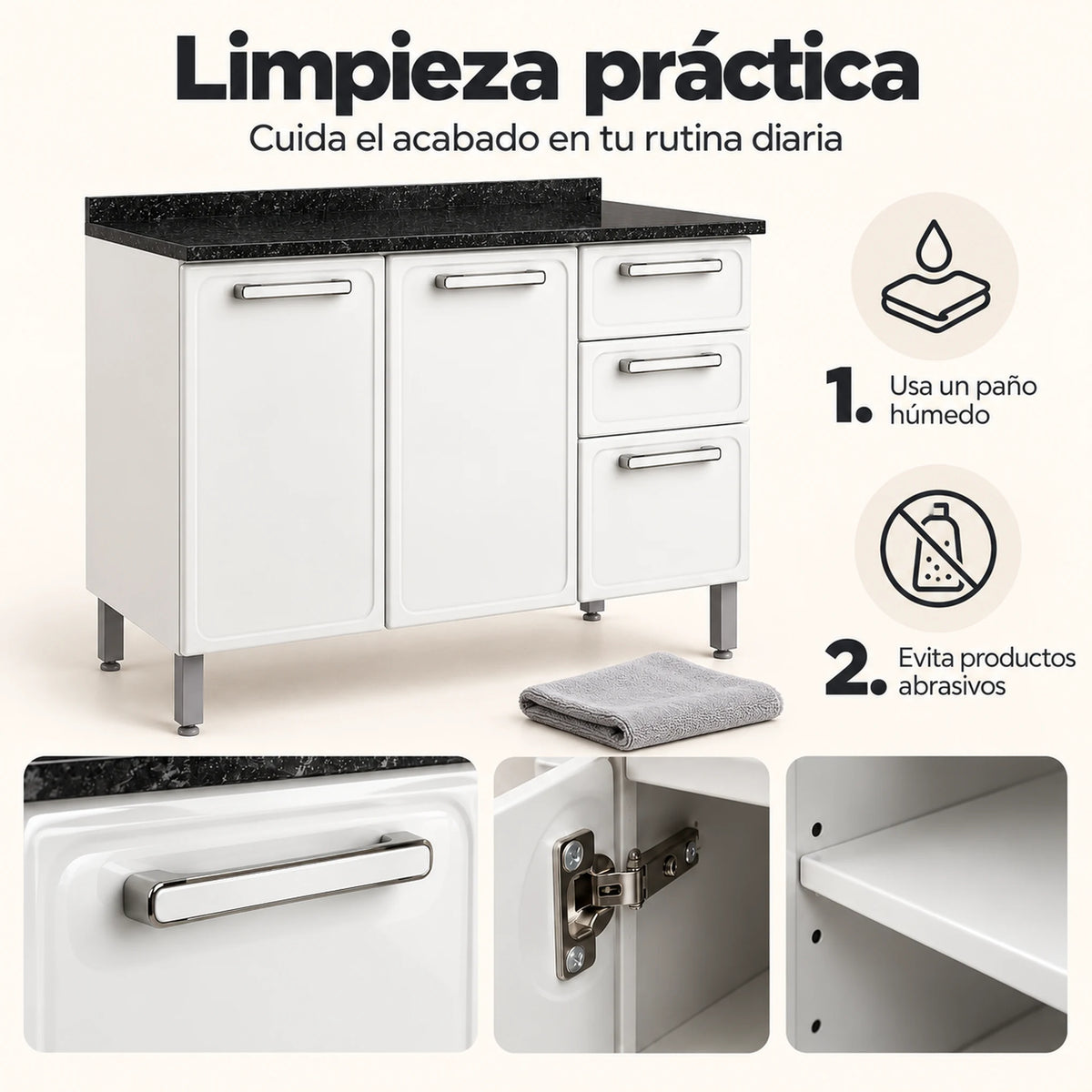 Gabinete de cocina de acero 120 cm – limpieza práctica con paño húmedo