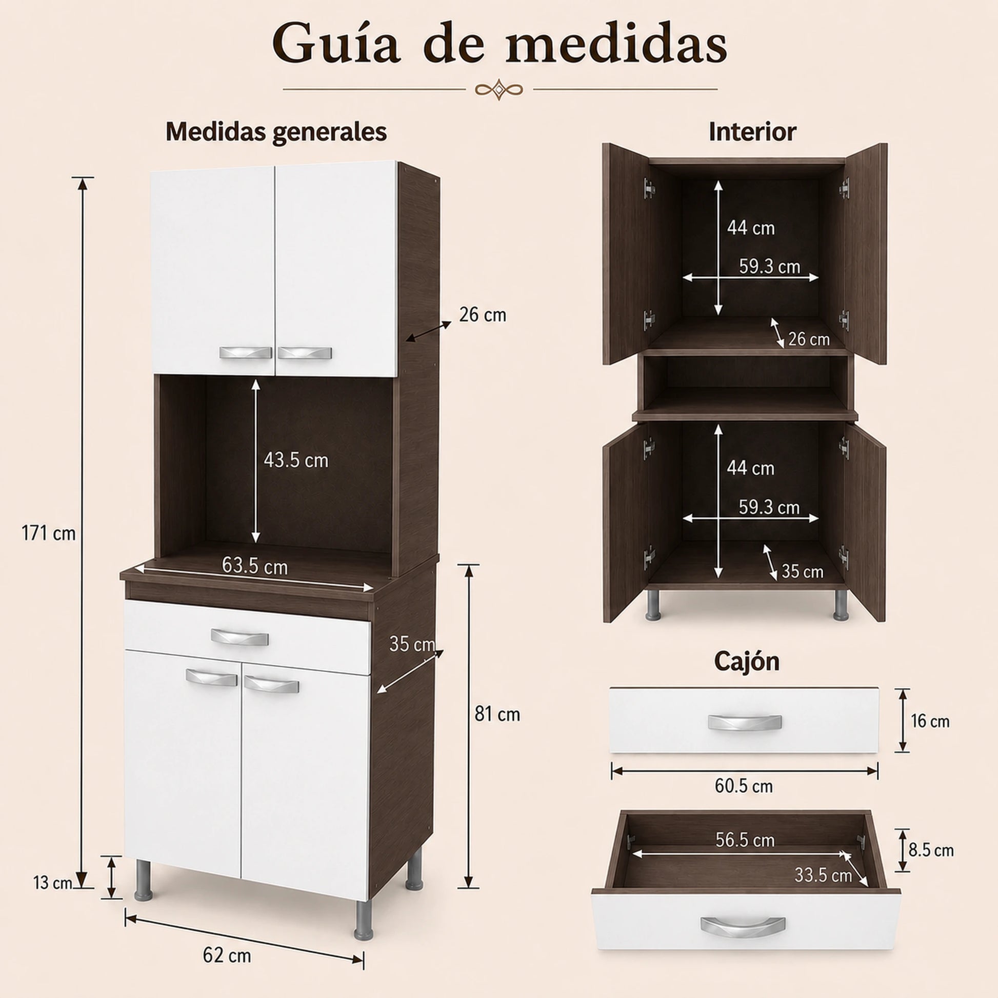 Gabinete de cocina en Chocolate y Blanco: guía de medidas 171 x 62 x 35 cm