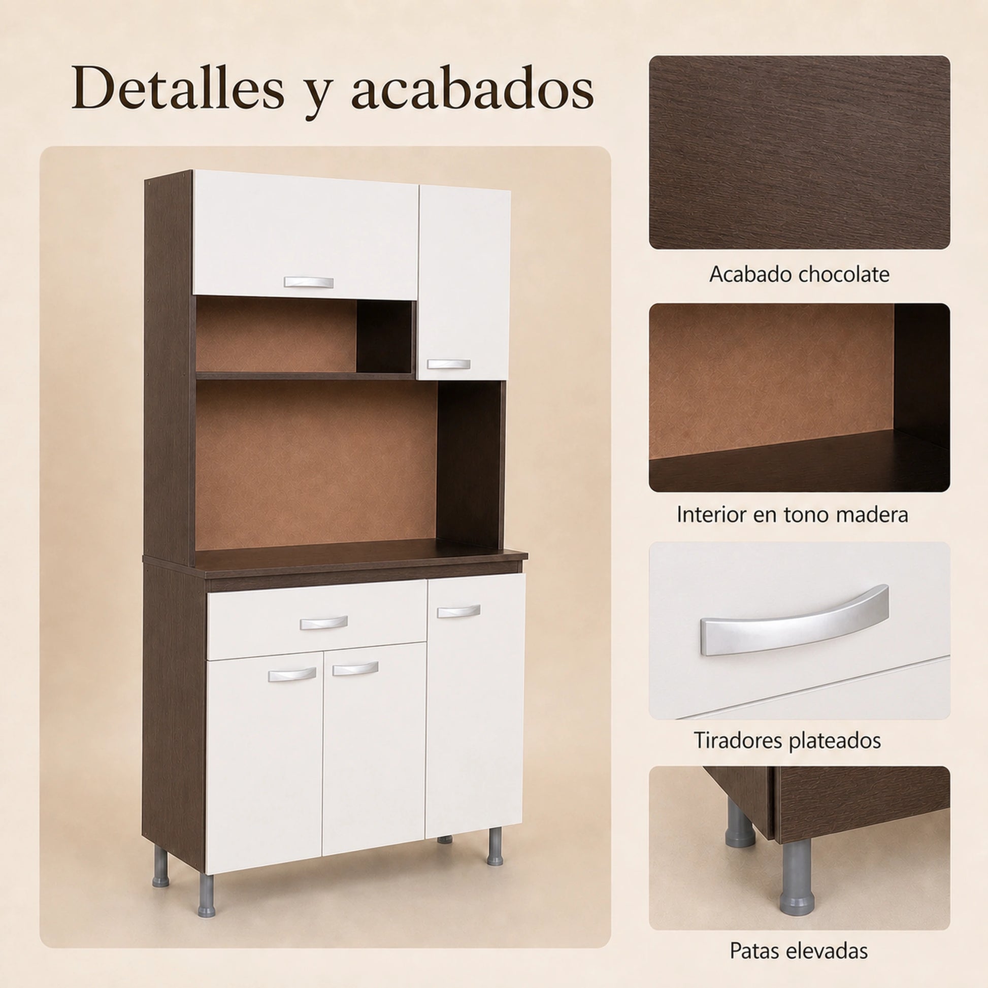 Detalles de acabados del gabinete de cocina grande en Chocolate y Blanco