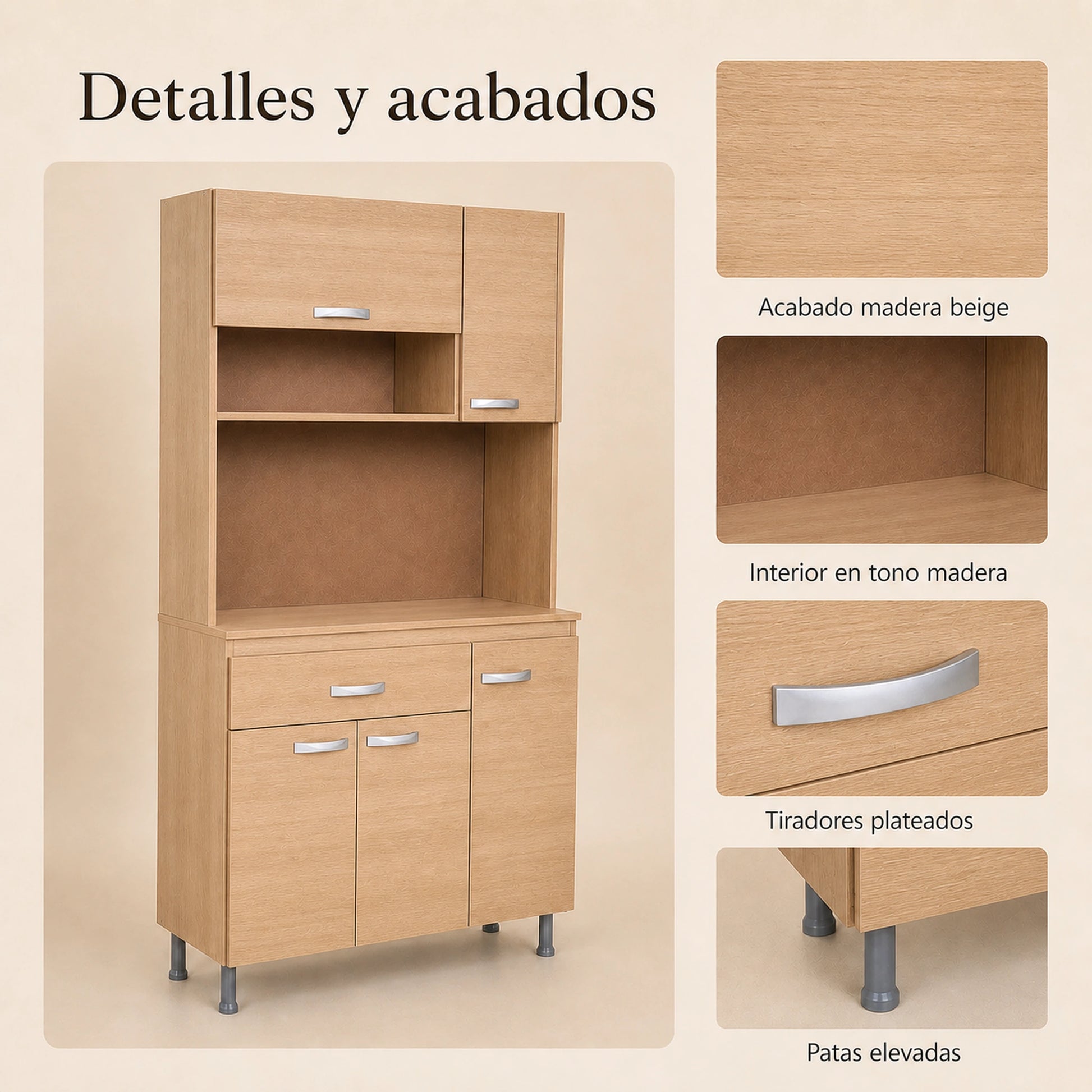 Detalles de acabados del gabinete de cocina grande en Madera Beige