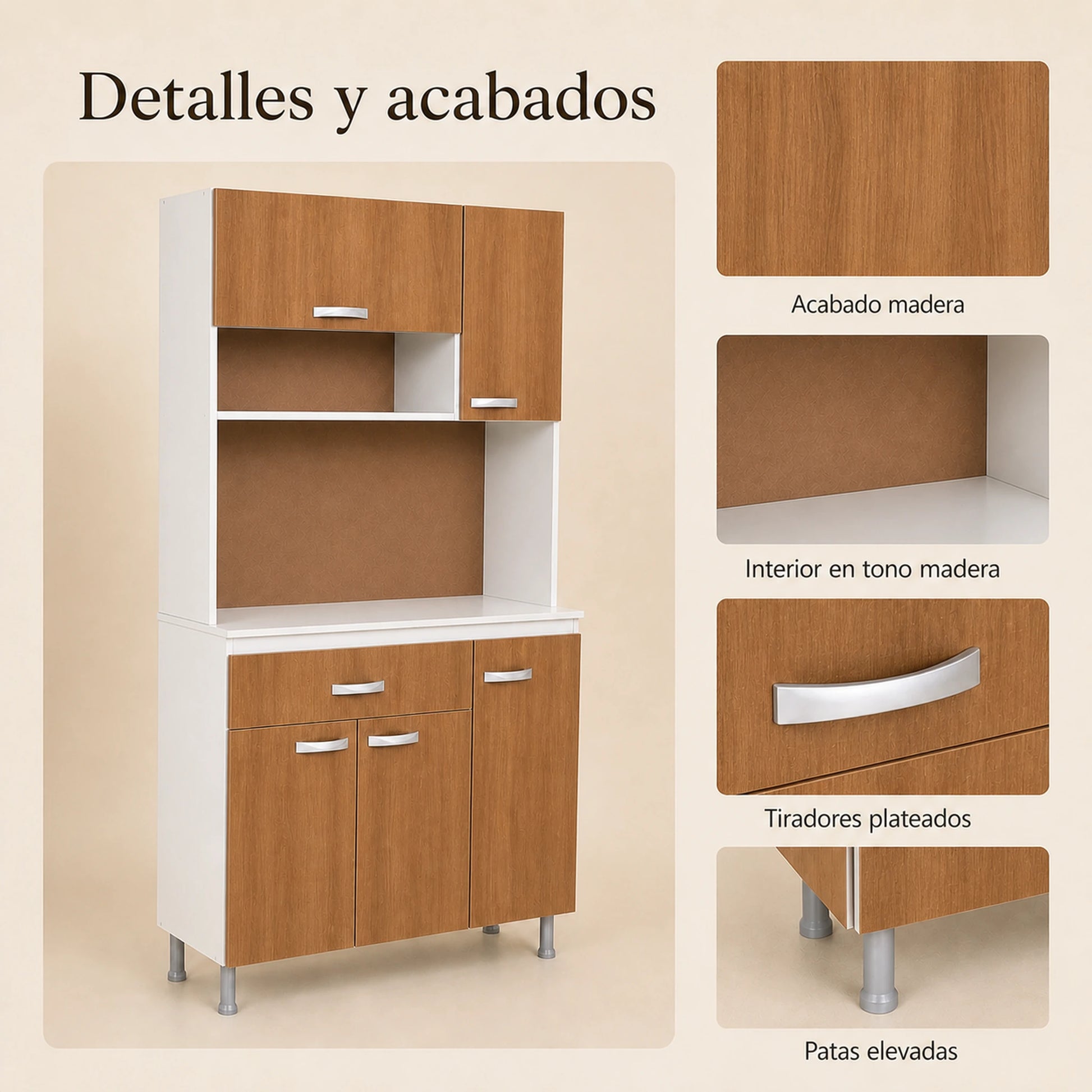 Detalles de acabados del gabinete de cocina grande en Blanco y Madera
