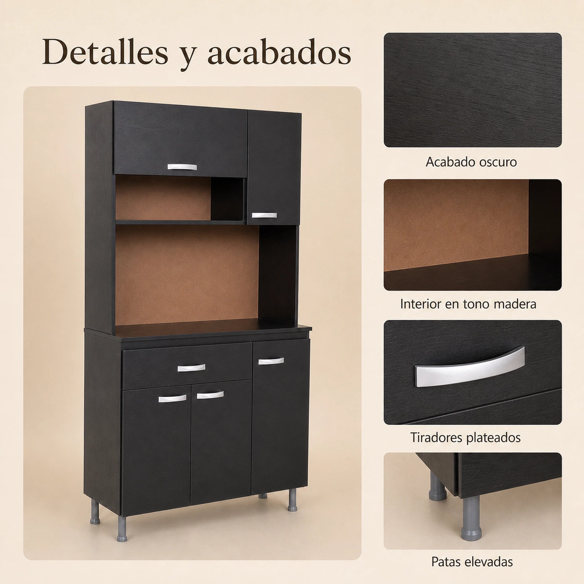 Detalles de acabados del gabinete de cocina grande en negro