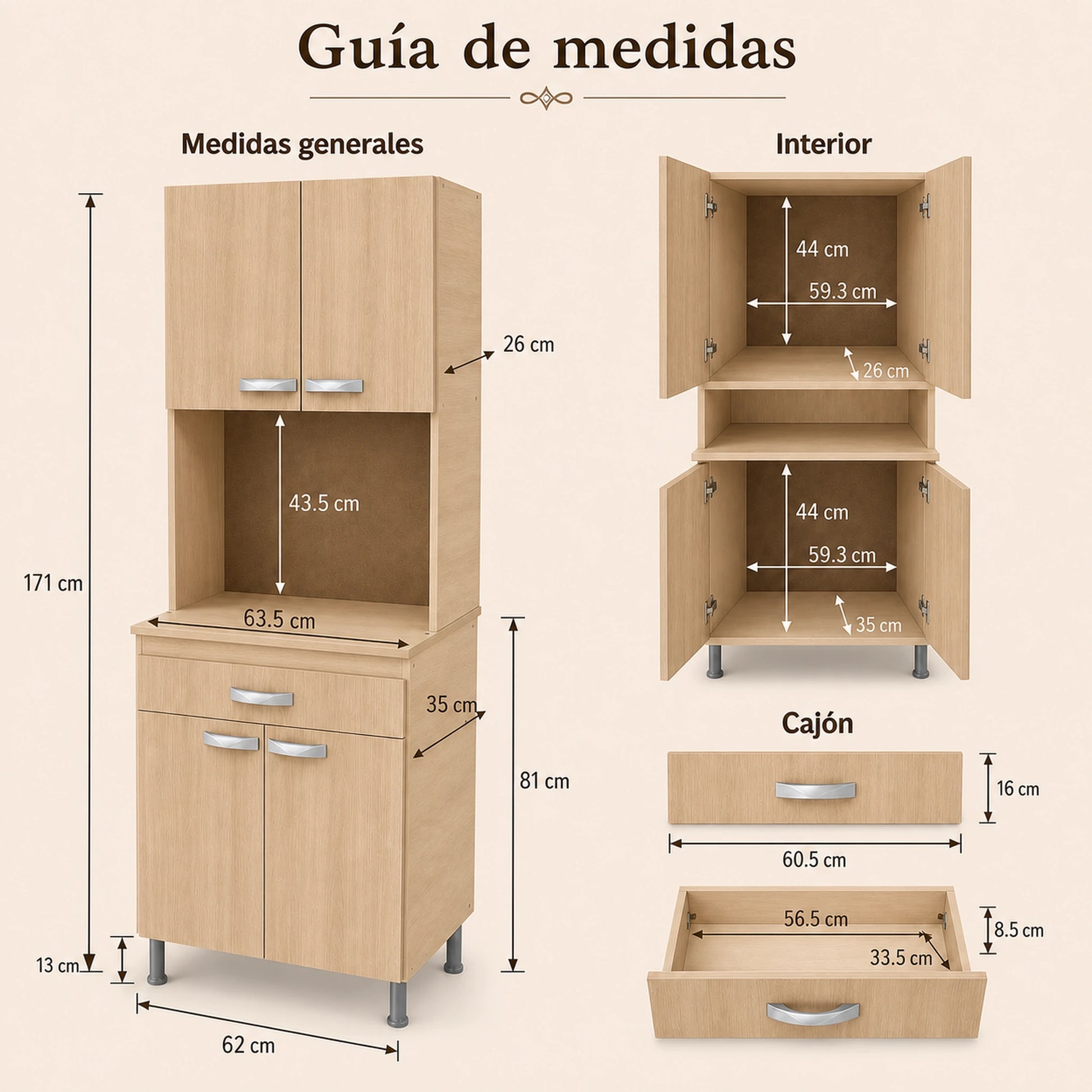 Gabinete de cocina en Madera Beige: guía de medidas 171 x 62 x 35 cm