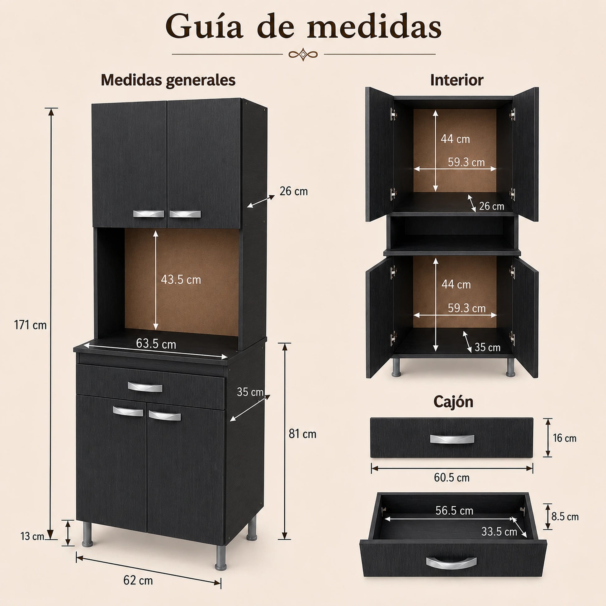 Gabinete de cocina en Negro: guía de medidas 171 x 62 x 35 cm