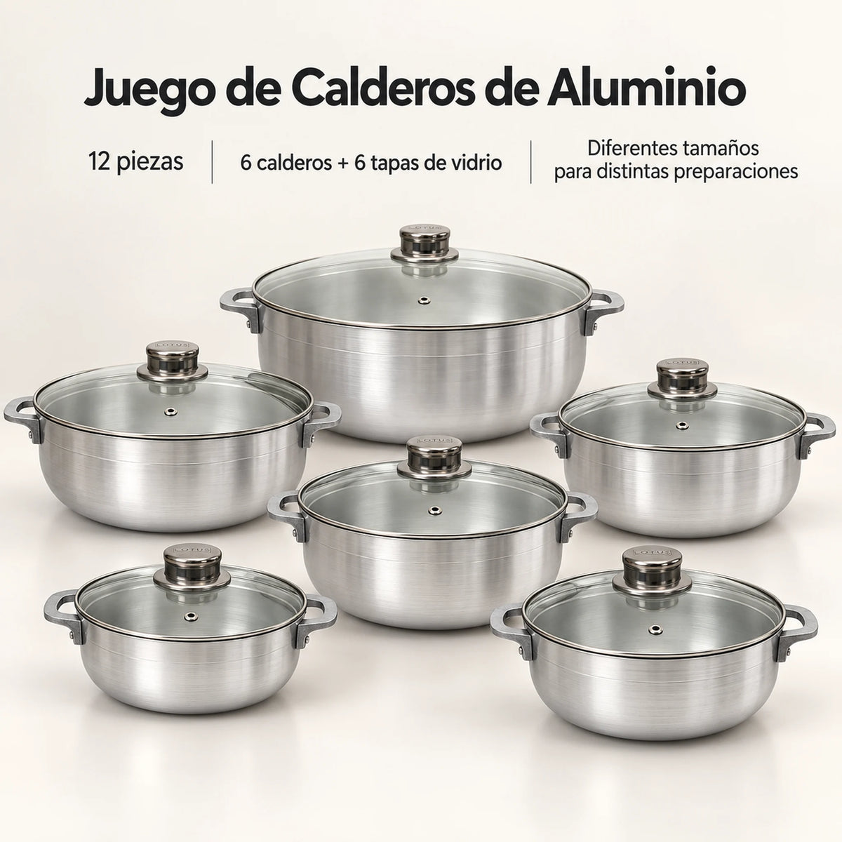 Características del juego de calderos de aluminio Lotus de 12 piezas