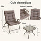 Guía de medidas del juego de terraza reclinable: silla, asiento, respaldo y mesa