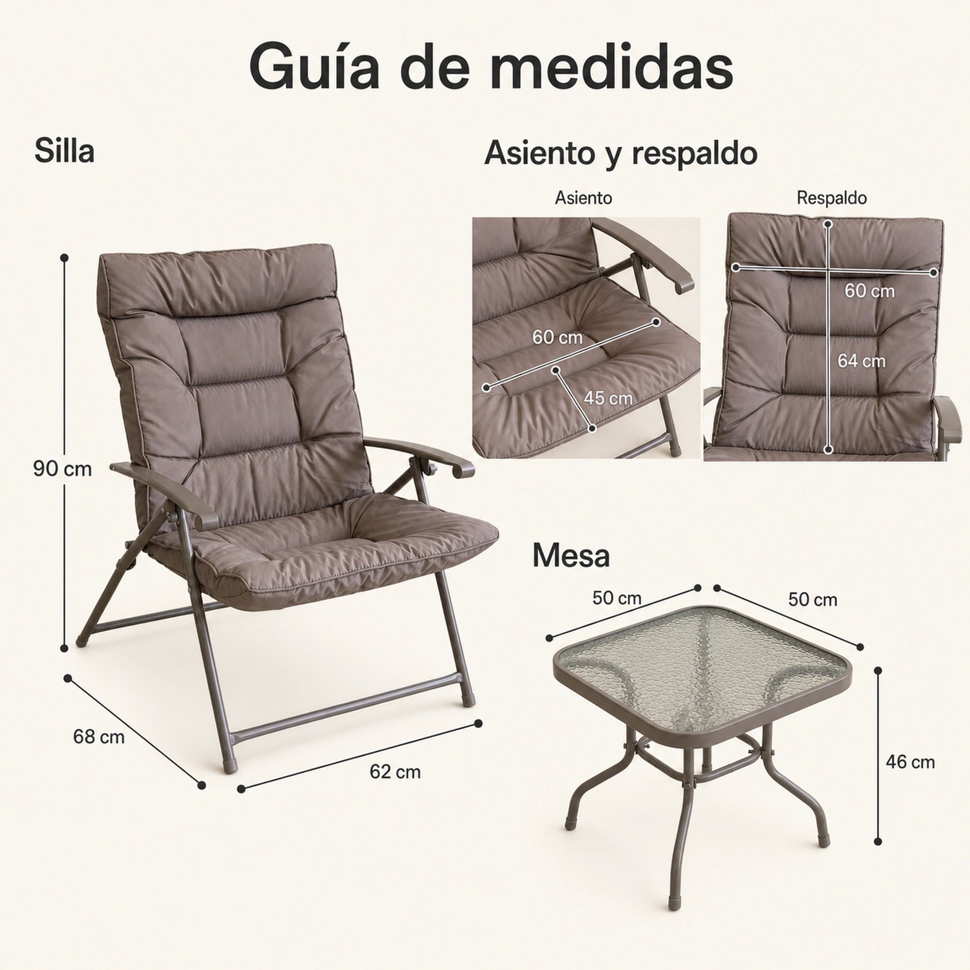 Guía de medidas del juego de terraza reclinable: silla, asiento, respaldo y mesa