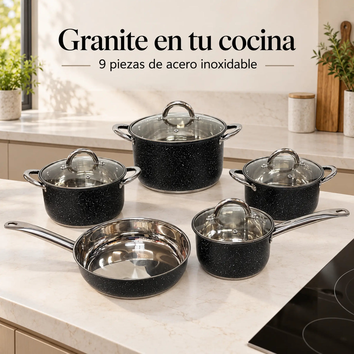 Batería de cocina Epicure Granite en uso dentro de una cocina