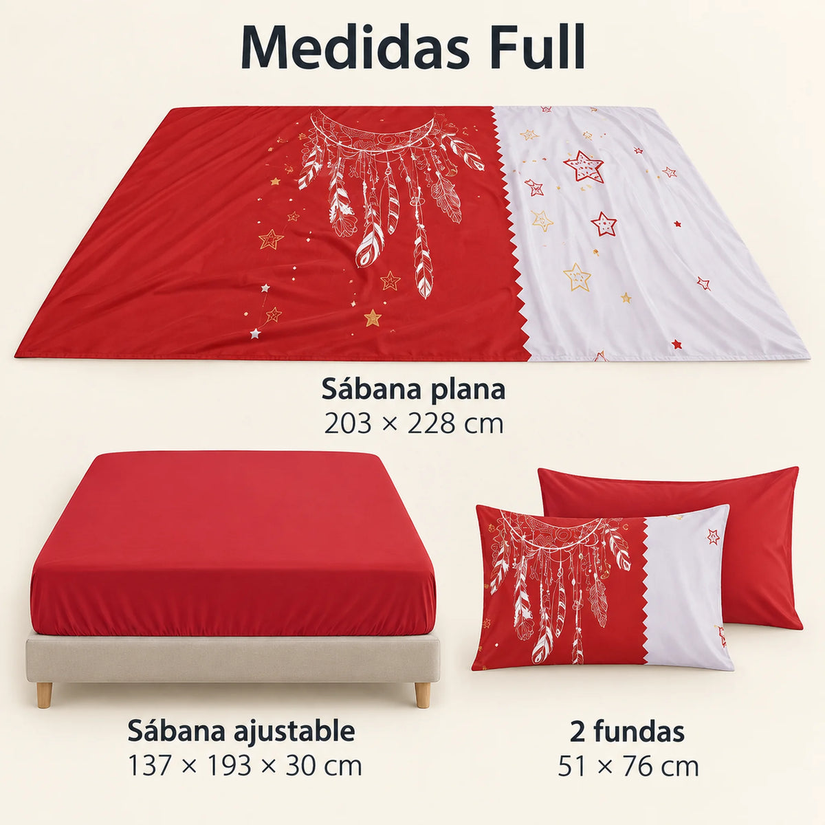 Juego de sábanas 4 piezas estampado rojo con atrapasueños y estrellas – medidas tamaño full