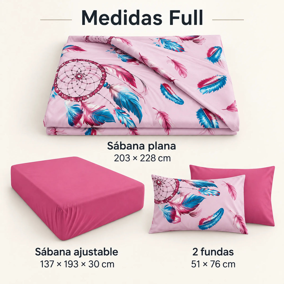 Juego de sábanas 4 piezas estampado con atrapasueños rosa – medidas tamaño full