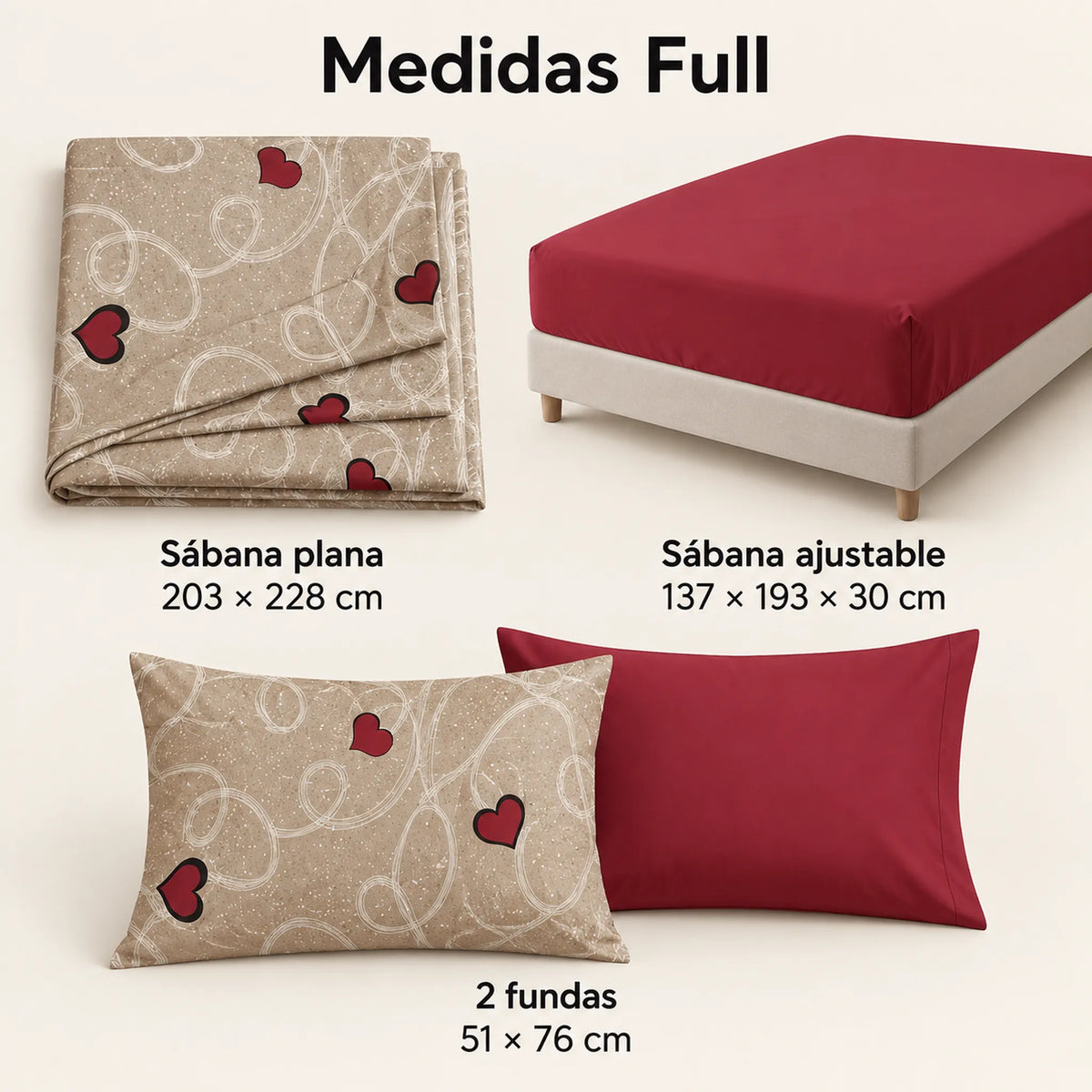 Juego de sábanas 4 piezas estampado beige con corazones – medidas tamaño full