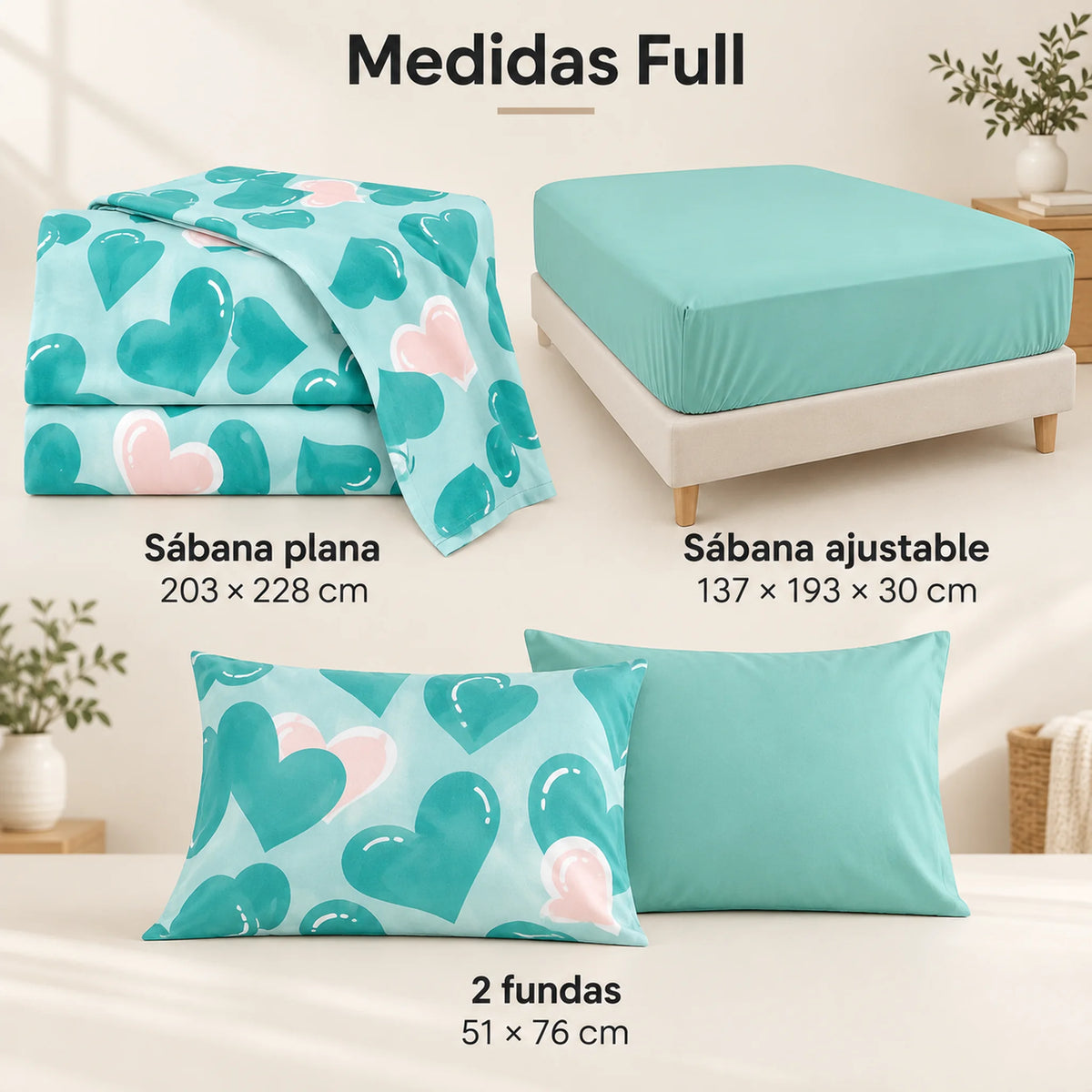 Juego de sábanas 4 piezas estampado verde menta con corazones – medidas tamaño full