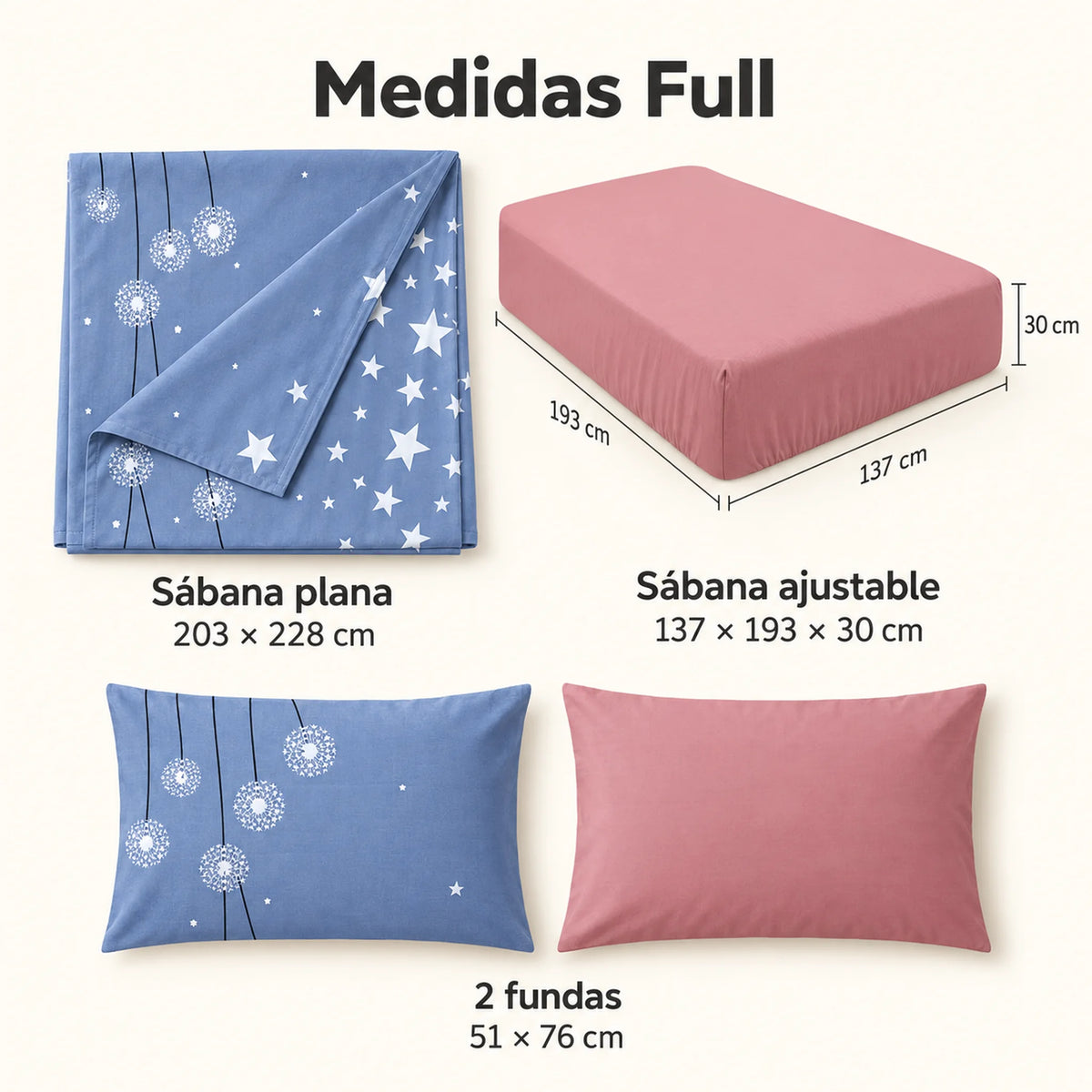 Juego de sábanas 4 piezas estampado azul con estrellas y dientes de león – medidas tamaño full