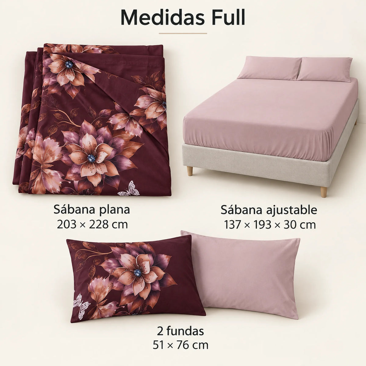Juego de sábanas 4 piezas estampado color vino con flores – medidas tamaño full