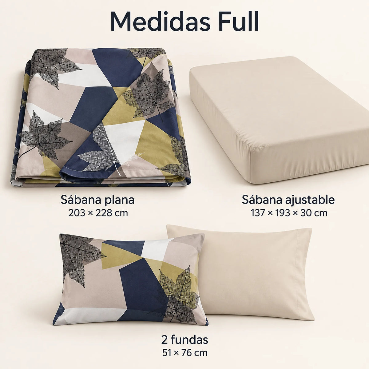 Juego de sábanas 4 piezas estampado con hojas geométricas – medidas tamaño full