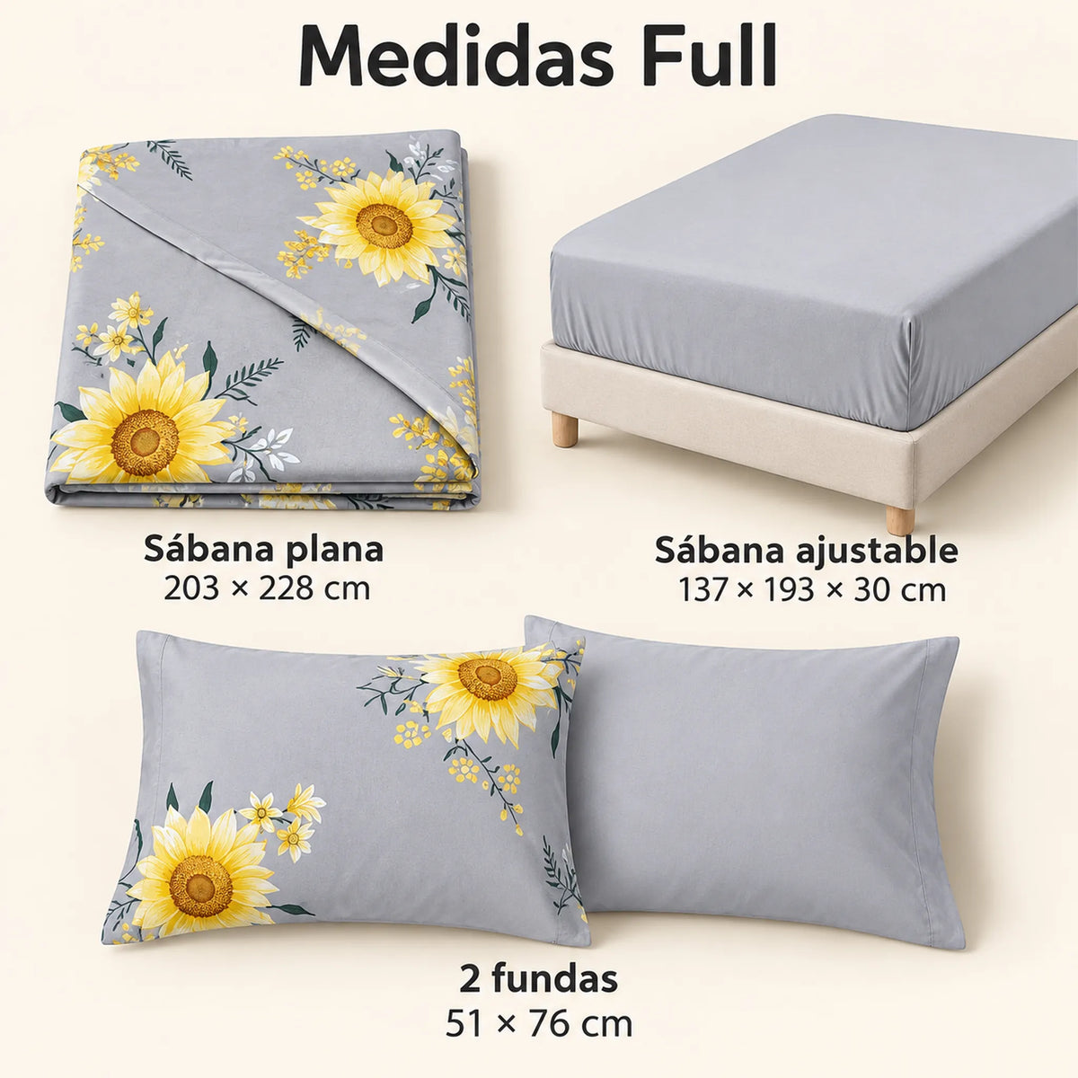 Juego de sábanas 4 piezas estampado gris con girasoles – medidas tamaño full