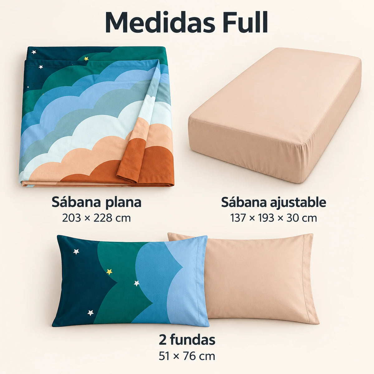 Juego de sábanas 4 piezas estampado con arcoíris de colores – medidas tamaño full