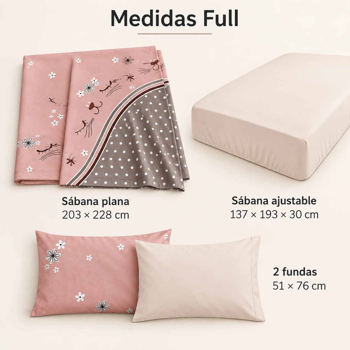 Juego de sábanas 4 piezas estampado rosa con gatito – medidas tamaño full