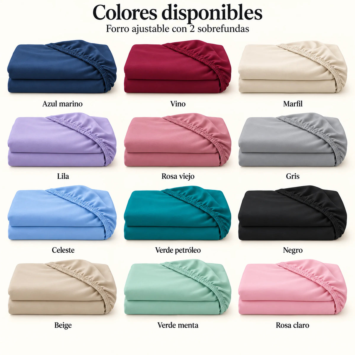 Forro ajustable liso con 2 sobrefundas bordadas, color Beige – colores disponibles